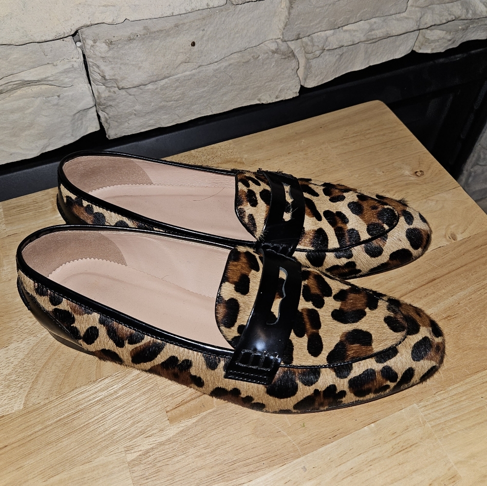 J Crew Academy cheetah print calf hair penny loafers size 9.5